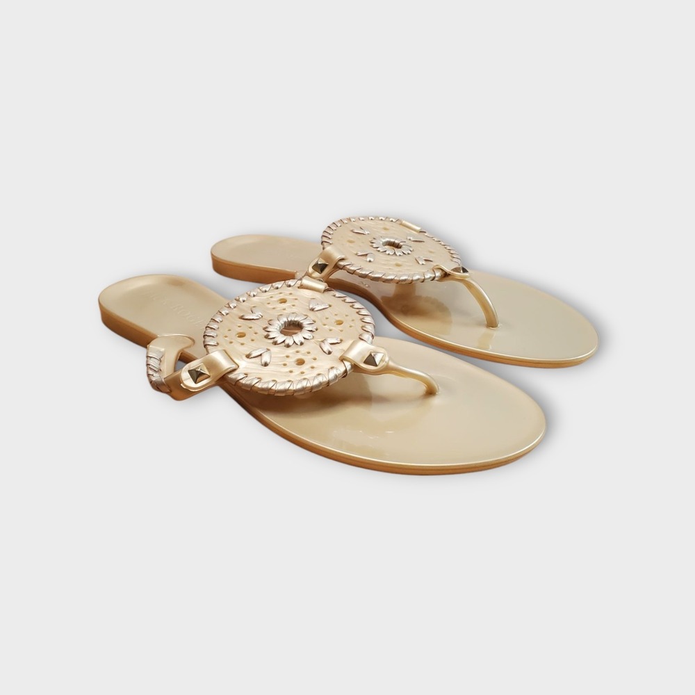 Jack Rogers Womens Georgica Jelly Thong Sandals 8 Gold Medallion Whip Stitching